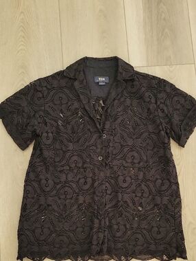 Maeve Black Lace Button-Down Shirt